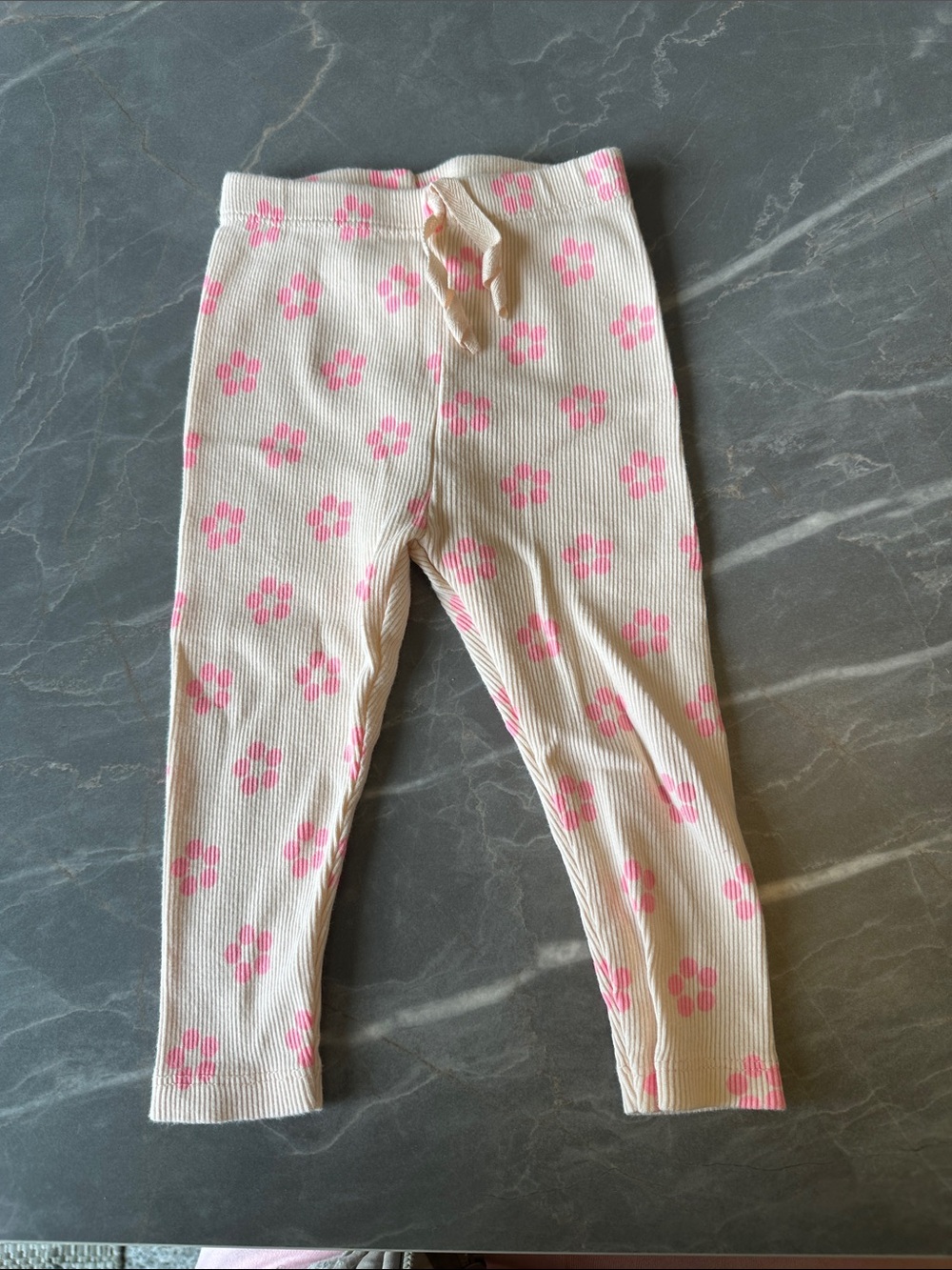 Zara Cream Ribbed Pajama Bottoms with Pink Flower Print